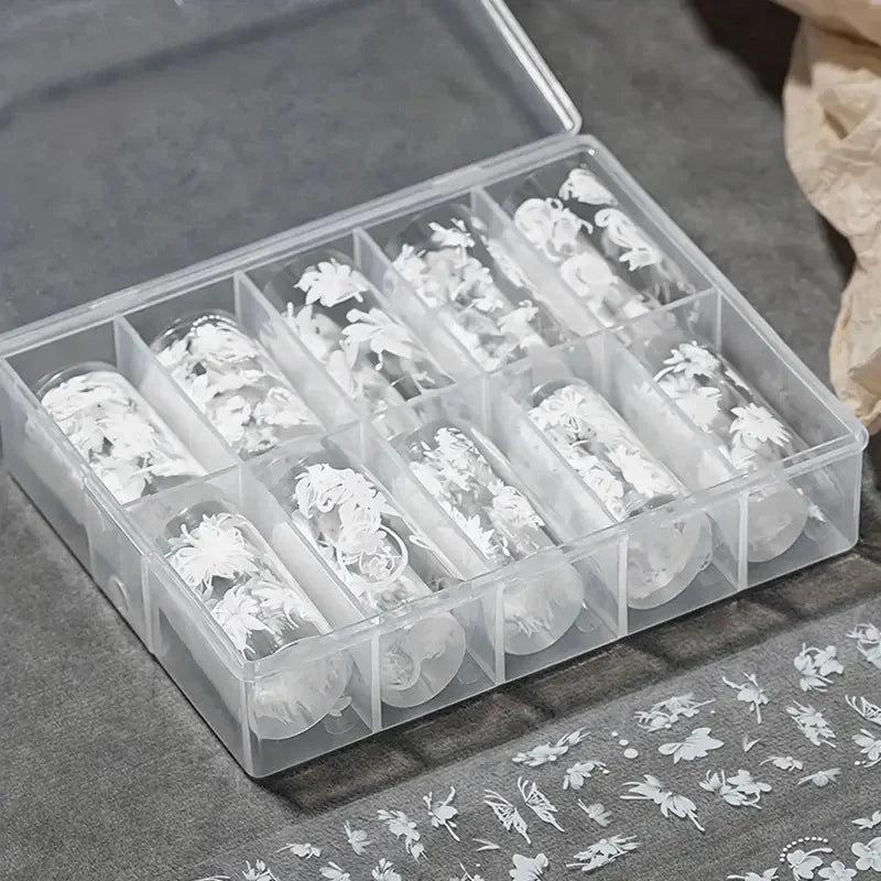 10 Rolls White Flower Petal Butterfly Design Nail Foil Transfer Stickers Glossy Glitter Nail Art Supplies for Women & Girls DIY* (ONLINE ORDER ONLY)