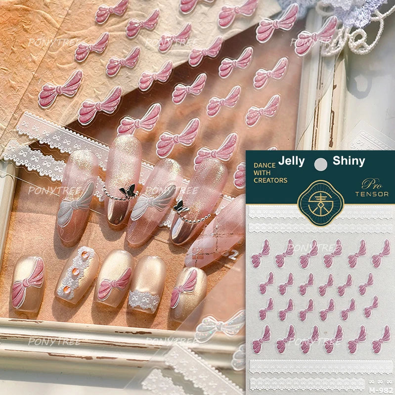 Pink White Bowknot Jelly Knot Lace Delicate Decorative Border Shiny 5D Self Adhesive Nail Art Stickers Manicure Decals Wholesale (Online Order Only)