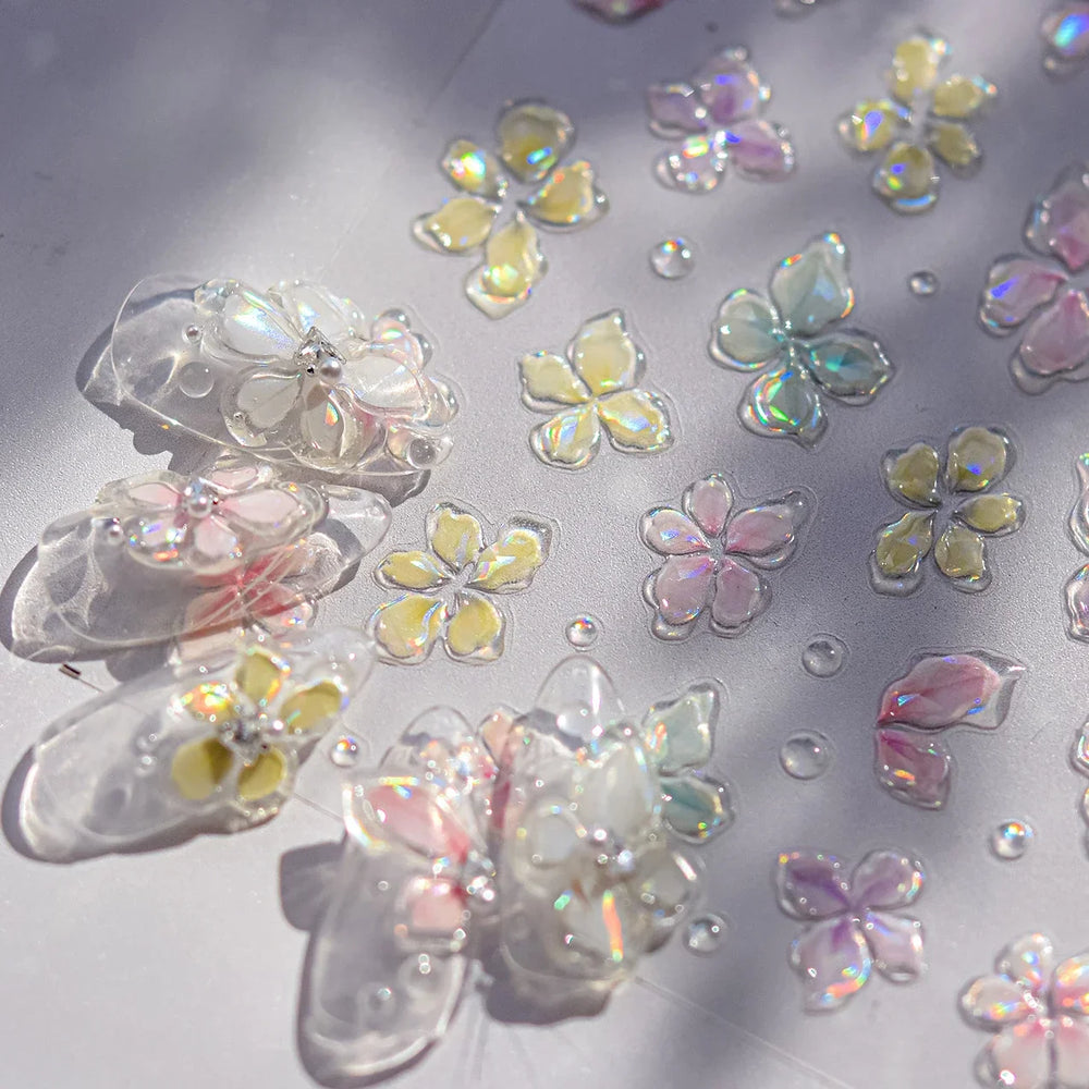 Gradient Coloredful Flower Petal Green Leaf Dreamy Shiny Chinese Rose Fantasy Relief Adhesive Nail Art Stickers Manicure Decals (Online Order Only)