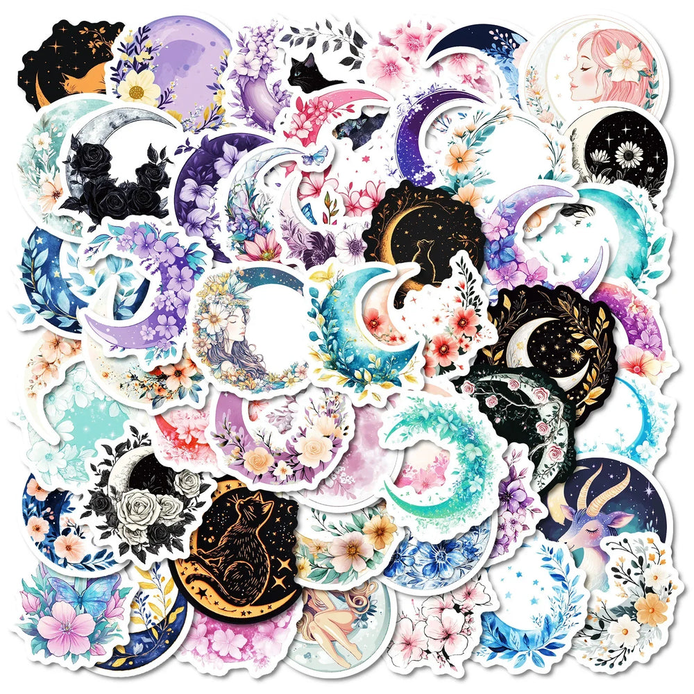 10/50pcs Cute Cartoon Moon Flower Cat Art Stickers Aesthetic for Kids Luggage Decals Scrapbook Stationery Laptop Fridge Sticker (Online Order Only)