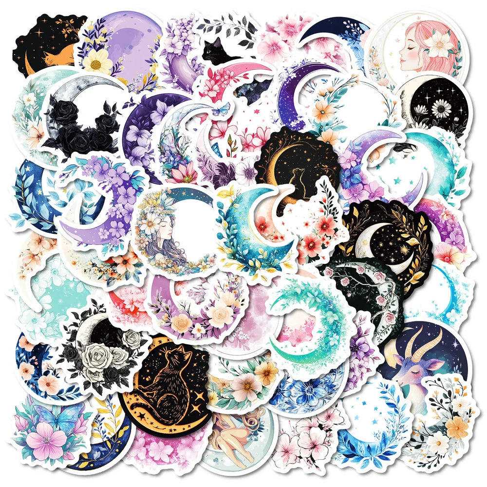 10/50pcs Cute Cartoon Moon Flower Cat Art Stickers Aesthetic for Kids Luggage Decals Scrapbook Stationery Laptop Fridge Sticker (Online Order Only)