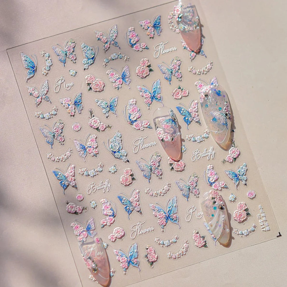 Oil Painting Style Rose Flowers Butterfly Wreath Floral Garland 5D Soft Relief Adhesive Nail Art Sticker Cute 3D Manicure Decals (ONLINE ORDER ONLY)