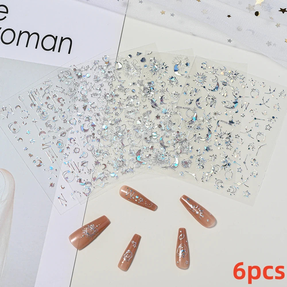 4pcs/Set Elf/Fairy Jelly Gold Nail Art Sticker Sun/Moon/Star Geometric Embossed Reliefs Self Adhesive Nail Decal Manicure Design (Online Order Only)