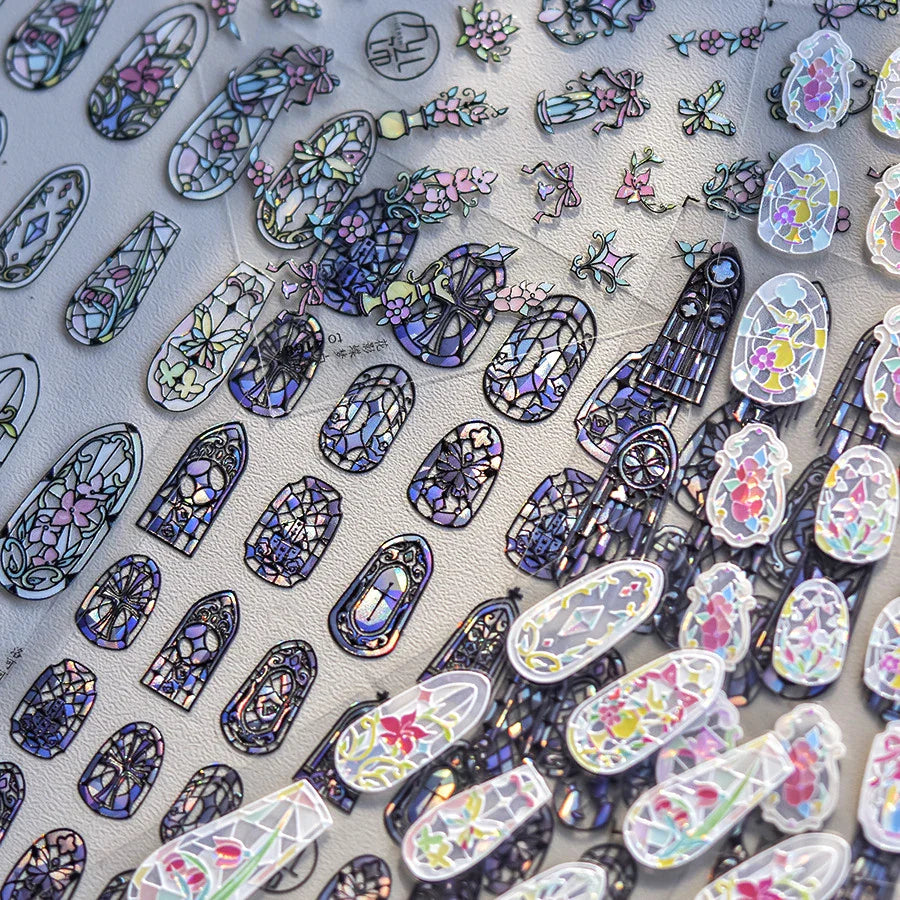 Retro Shiny Glazed Rococo Flower Window Dreamy Butterfly Geometric Frame Stamp Embossed Reliefs Nail Art Stickers Manicure Decal (Online Order Only)