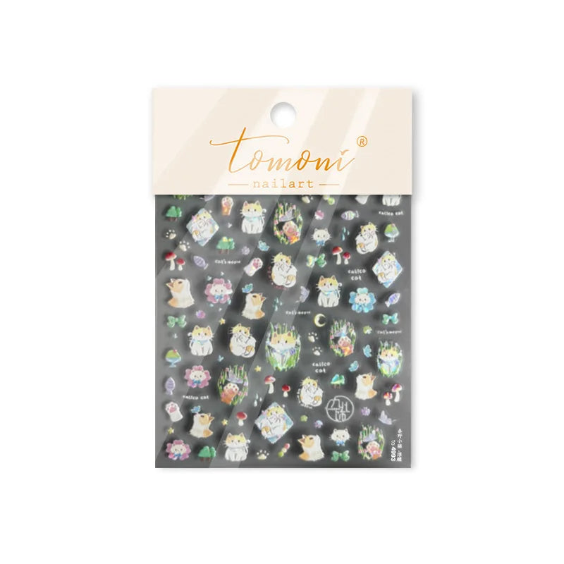 Picnic Cat Kitten Bowknot Flower Fish Butterfly Tree Mushroom Star Moon Cat's Paw Adhesive Nail Art Sticker Cute Manicure Decals (Online Order Only)