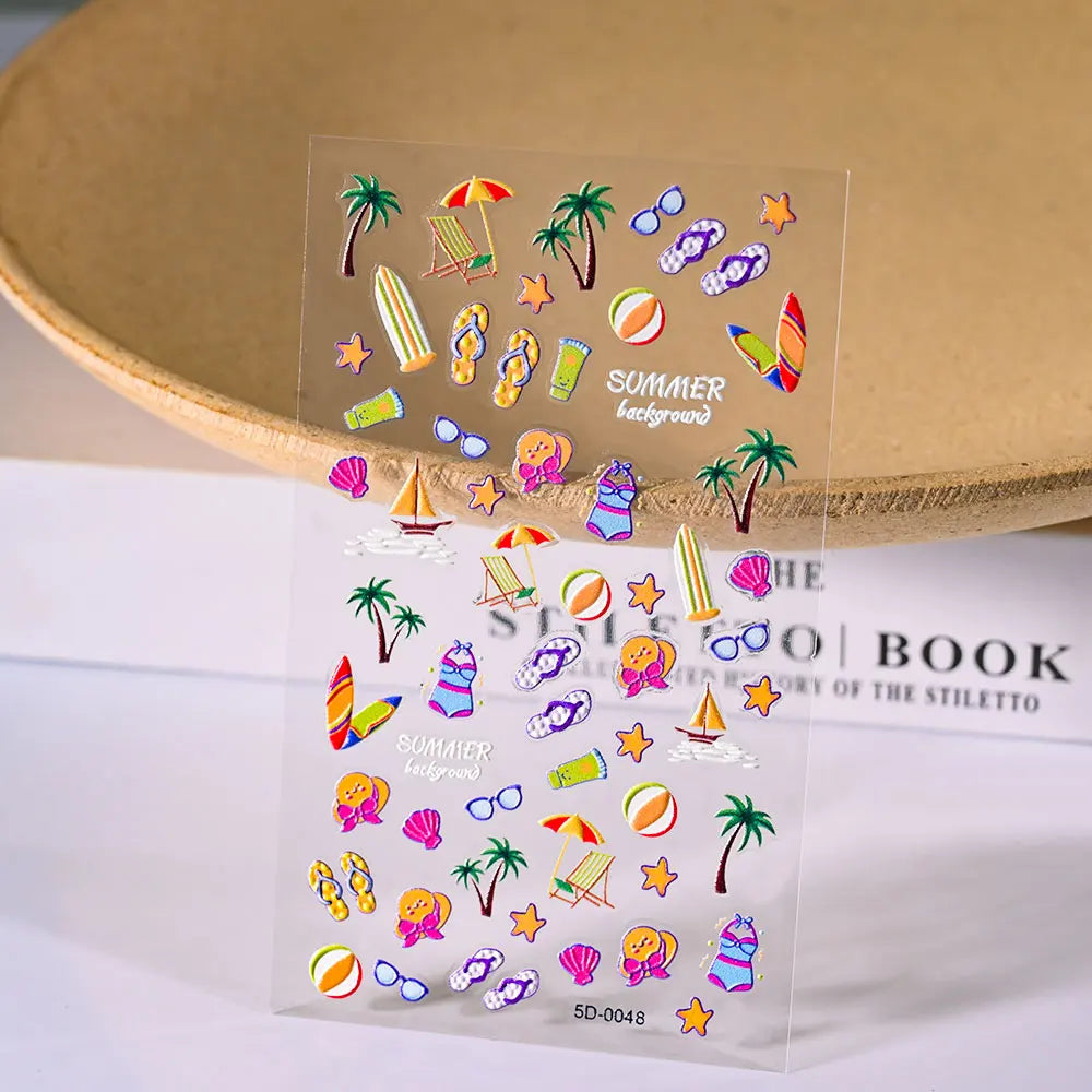 Summer Sea Shell 5D Nail Art Sticker Tropical Beach Coconut Slippers Decals Embossed  Conch Starfish Ocean Theme Nail Art Decor* (ONLINE ORDER ONLY)