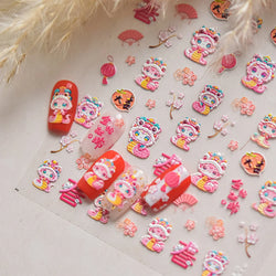 Auspicious Peach Blossom Snake Fan Flower The Spring Festival Tiger Head Adhesive Nail Art Stickers Red Lantern Manicure Decals (Online Order Only)