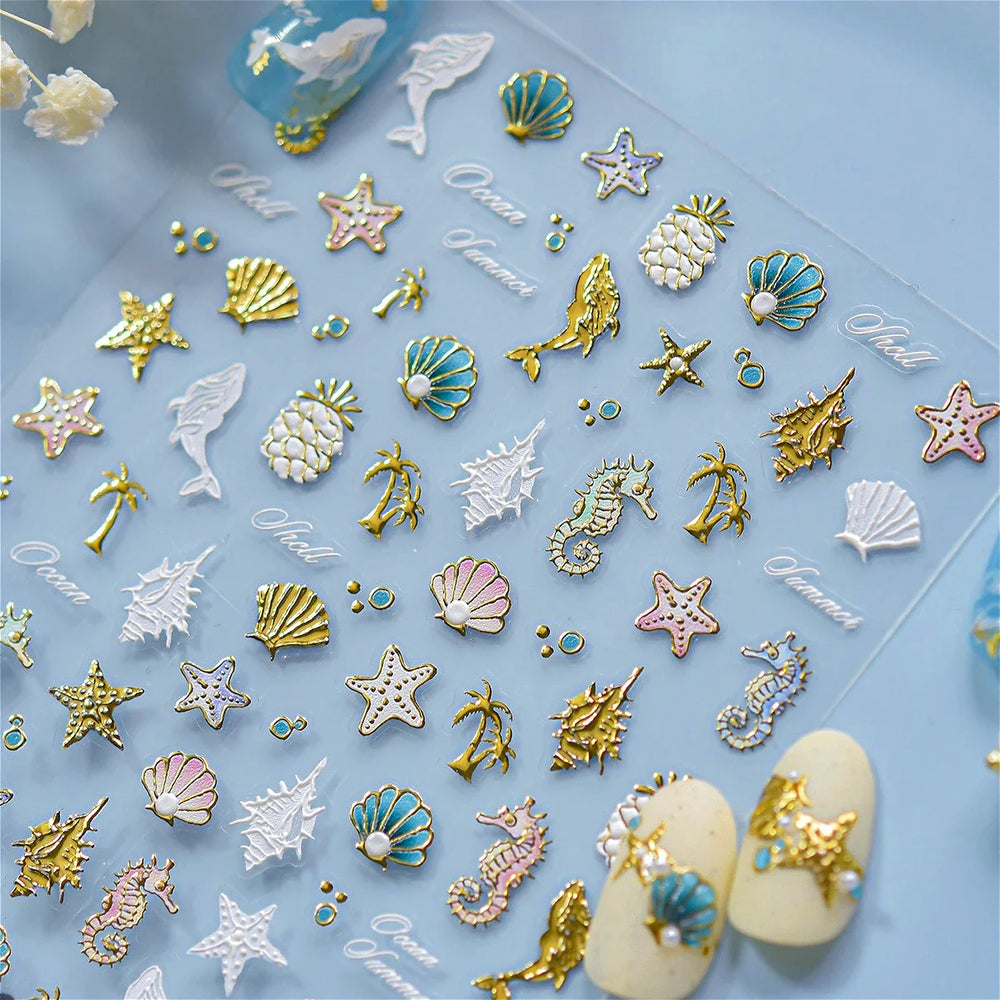 Hot Stamping Seahorse Dolphin Shell Conch Starfish Coconut Tree Jackfruit Water Bubbles Ocean Nail Art Stickers Manicure Decals (ONLINE ORDER ONLY)