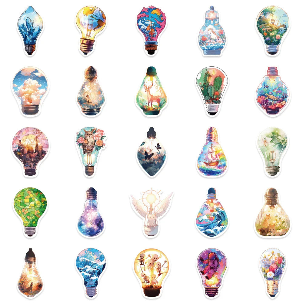 10/30/50pcs Cute World In Bulb Cartoon Stickers Aesthetic Decals Laptop Phone Suitcase Phone Car Decoration Sticker Kids Toys (ONLINE ORDER ONLY)