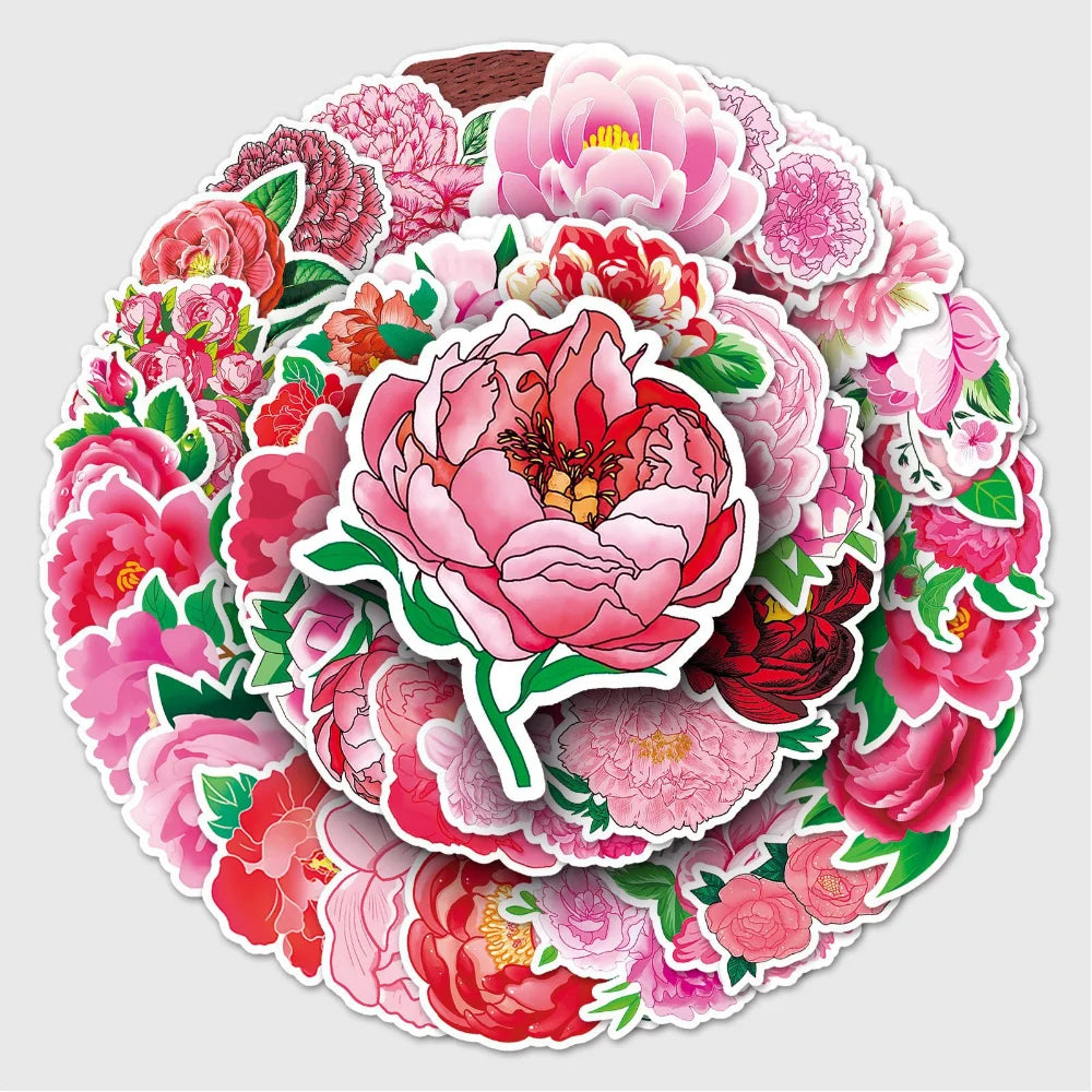 10/50Pcs Peony Stickers Cartoon Stickers Graffiti Decals Waterproof Motorcycle Luggage Guitar Skateboard Kid Gift Sticker (Online Order Only)