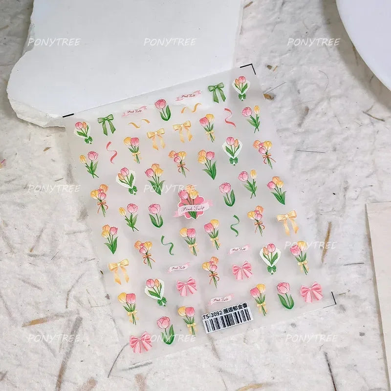 Hot Stamping Jelly All Tulips Garden Flower Bowknot Wave Lace Line Golden and Radiant Adhesive Nail Art Stickers Manicure Decals (ONLINE ORDER ONLY)