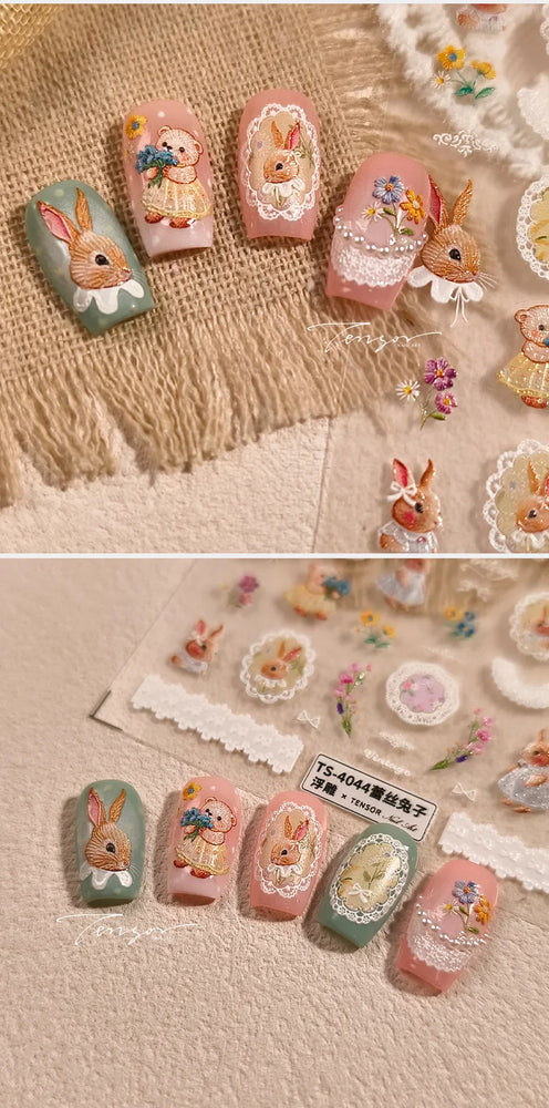 Rabbit Bunny Bear Flower Lace Bowknot Retro Frame Rose Self Adhesive Nail Art Decoration Stickers Chic Manicure Decals Wholesale (ONLINE ORDER ONLY)