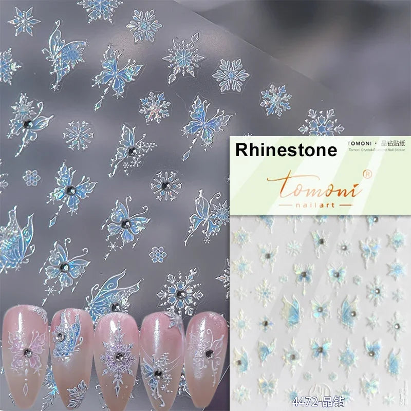 Shiny White Pink Blue Gold Snowflakes Hexagon Water Bubbles Winter 5D Self Adhesive Nail Art Stickers Rhinestone Manicure Decals (ONLINE ORDER ONLY)