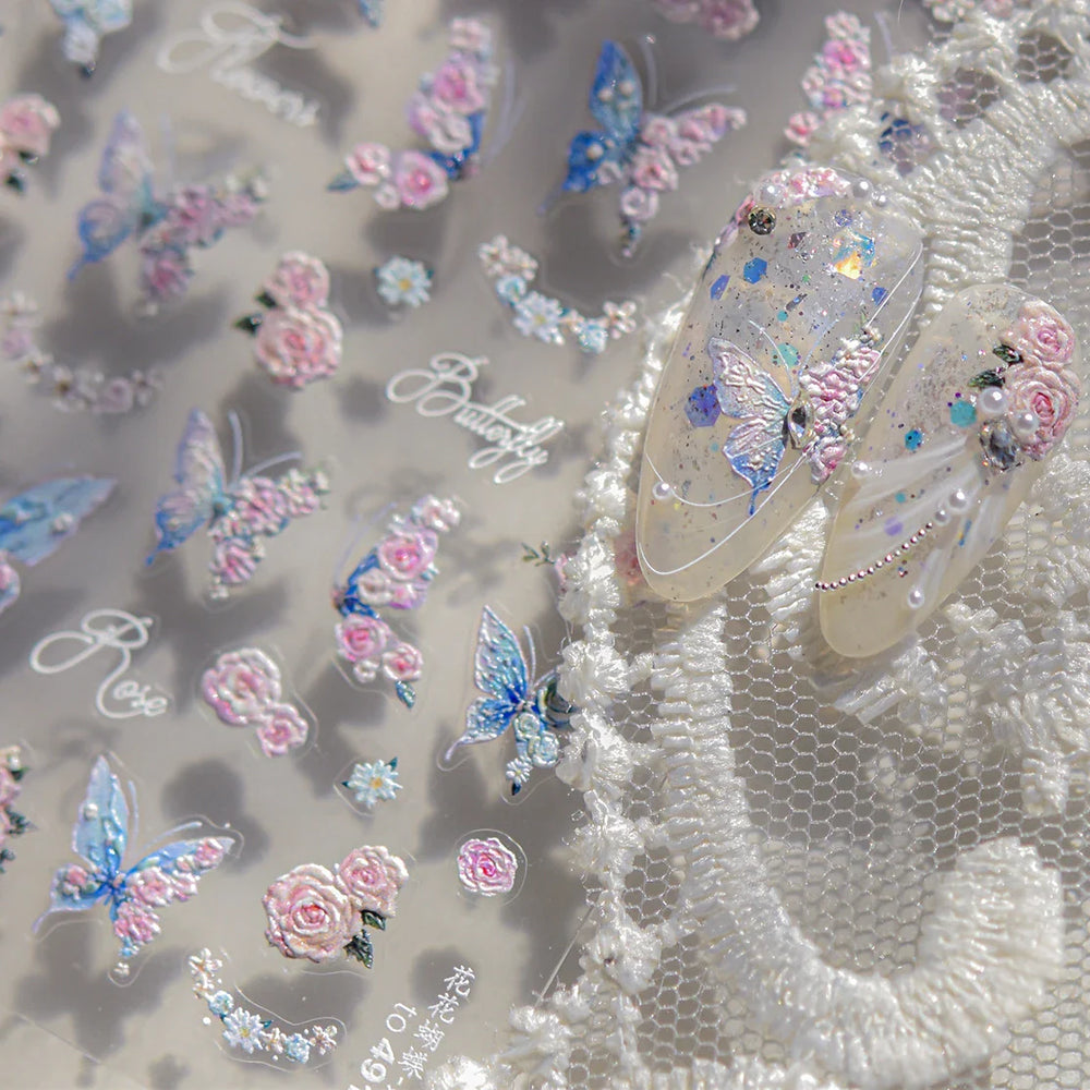 Oil Painting Style Rose Flowers Butterfly Wreath Floral Garland 5D Soft Relief Adhesive Nail Art Sticker Cute 3D Manicure Decals (ONLINE ORDER ONLY)