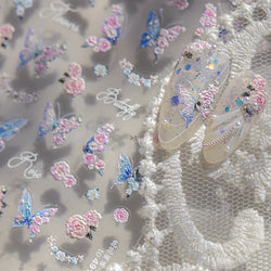 Oil Painting Style Rose Flowers Butterfly Wreath Floral Garland 5D Soft Relief Adhesive Nail Art Sticker Cute 3D Manicure Decals (ONLINE ORDER ONLY)
