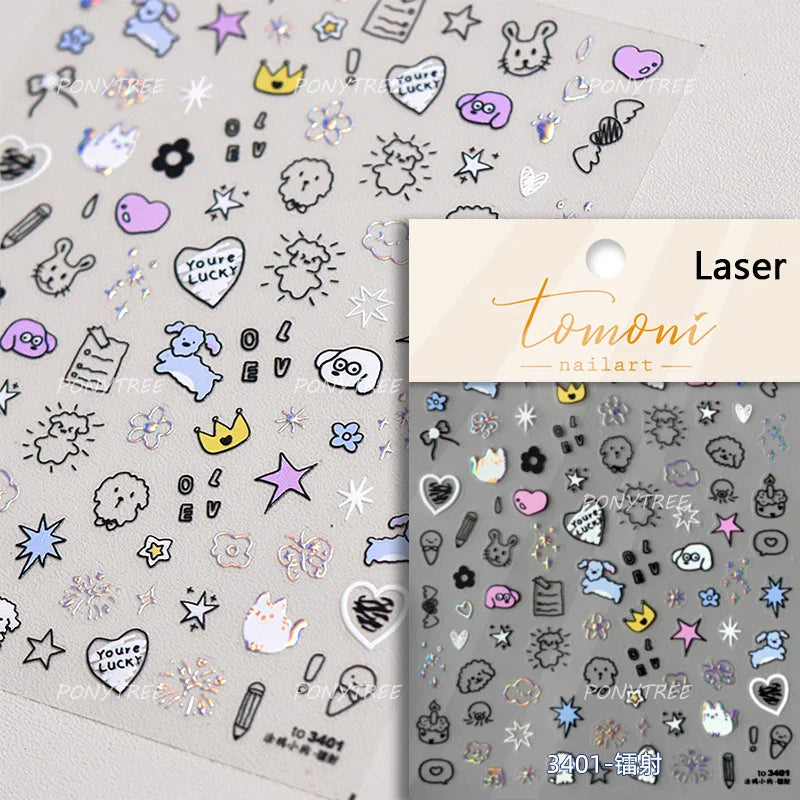 Line Cat Dog Bear Rabbit Chicken Animals Apple Cherry Cake Bowknot Butterfly Balloon Rainbow Nail Art Stickers Manicure Decals (ONLINE ORDER ONLY)