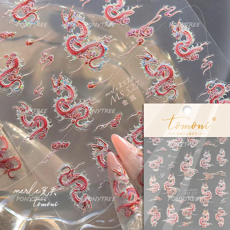 Chinese Dragon Auspicious Beast Mythological Legend Noble Loong Blue Pink Soft Relief Adhesive Nail Art Sticker Manicure Decals (ONLINE ORDER ONLY)