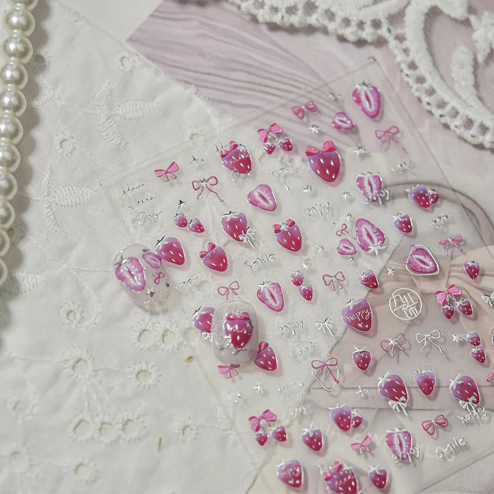 Pink Juicy Strawberry Fruit Cutting Line Ribbon Bowknot Star Happy Sweet Lovely Fruits Delicate Nail Art Stickers Manicure Decal (ONLINE ORDER ONLY)