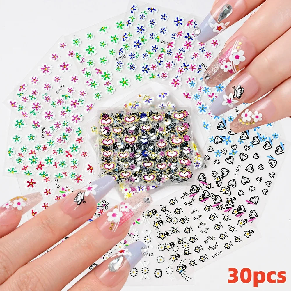 30Pcs/Set Red Golden 3D Nail Art Sticker Hot Stamping Hollow Decals Mixed Designs Adhesive Flower Nail Tips Letter Butterfly Set (Online Order Only)