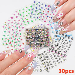 30Pcs/Set Red Golden 3D Nail Art Sticker Hot Stamping Hollow Decals Mixed Designs Adhesive Flower Nail Tips Letter Butterfly Set (Online Order Only)