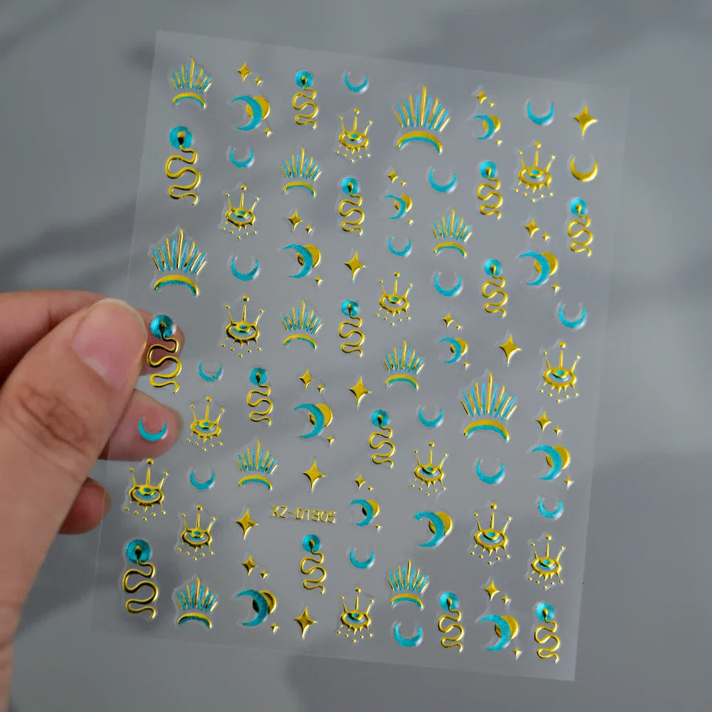 1pc Bohemian Valentine Nail Stickers 3D Self-Adhesive Fantasy Nail Art Glitter Sun, Heart, Lock, Star & Moon Designs Nail Decals (ONLINE ORDER ONLY)