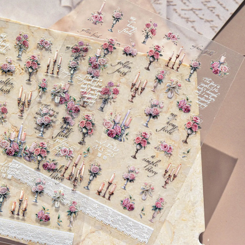 Romantic Candle Holder Lace Rambler Rose Pink Flower Bowknot Candlestick Ribbon Adhesive Nail Art Stickers Shiny Manicure Decals (ONLINE ORDER ONLY)