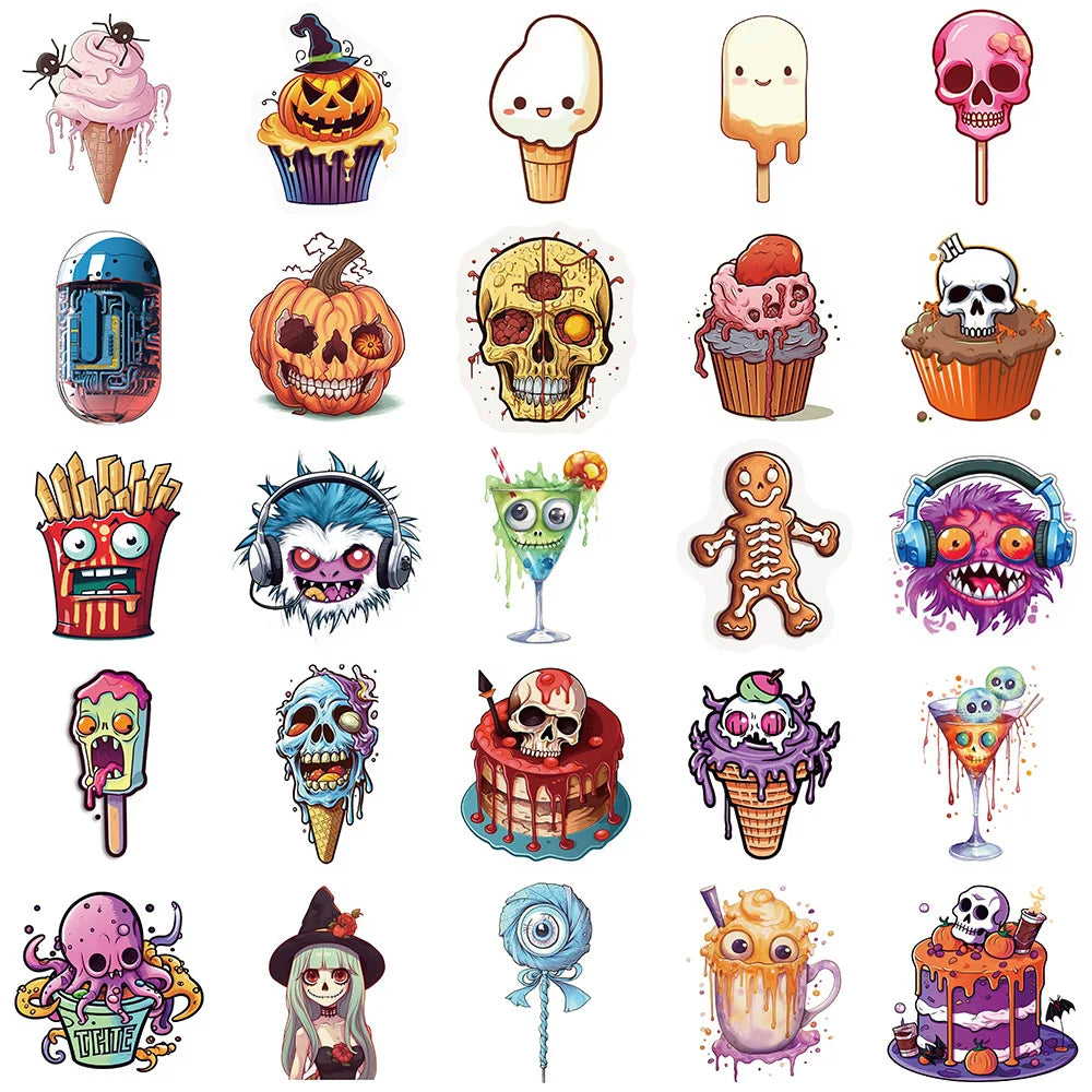 10/30/50PCS Funny Horror Skeleton Graffiti Stickers Decals Halloween Decoration Waterproof Skateboard Luggage Guitar Cartoon Toy (ONLINE ORDER ONLY)