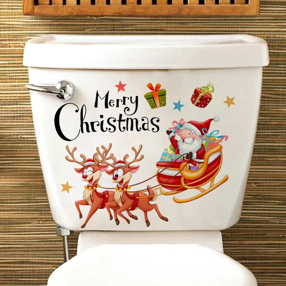 Santa Deer Carriage Wall Stickers Christmas Bathroom Decor Self-adhesive Decals (ONLINE ORDER ONLY)