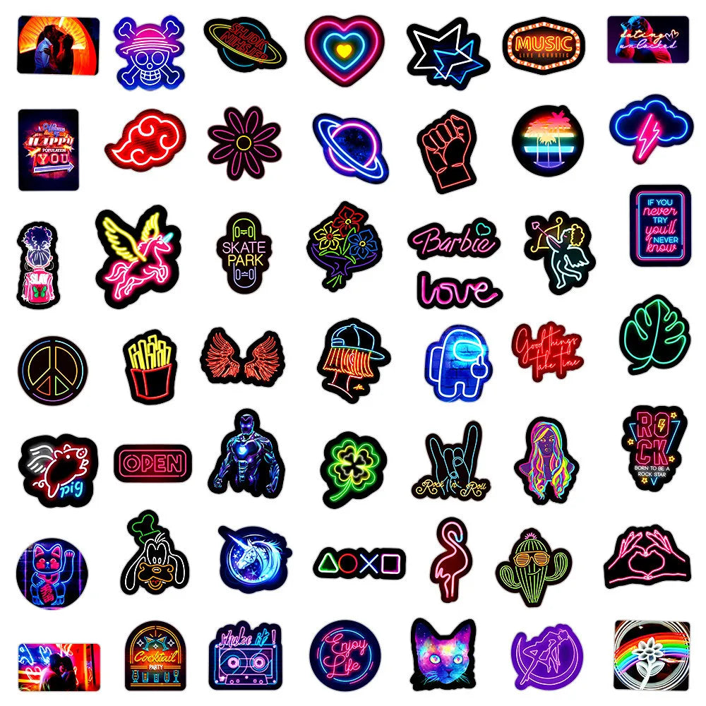 10/30/50PCS New Neon Stickers Cute Cartoon Mobile Phone Guitar Helmet Bottle Car Decal Graffiti Wallpaper Decoration Toy Gift (ONLINE ORDER ONLY)