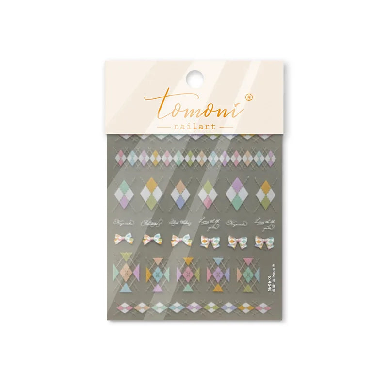 French Style Colorful Square Grid Rhombus Stripe Bowknot Line 3D Self Adhesive Nail Art Stickers Shiny Rhinestone Manicure Decal (Online Order Only)