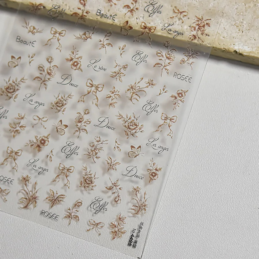 Brown Blue White Hand Drawn Sketch Plants Leaves Bowknot Butterfly Flowers Adhesive Nail Art Decoration Stickers Manicure Decals (Online Order Only)