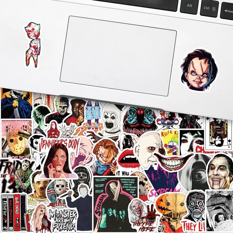 10/25/50pcs Mixed Horror Movie Sticker Packs, Chucky from Child’s Play, Jason, Killer Klowns, They Live, and more (ONLINE ORDER ONLY)