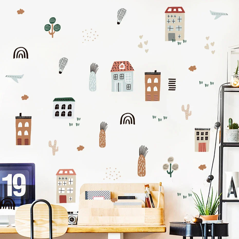 Cartoon City Houses Trees Airplane Watercolor Vinyl Wall Decals Kids Room Decor (Online Order Only)