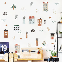 Cartoon City Houses Trees Airplane Watercolor Vinyl Wall Decals Kids Room Decor (Online Order Only)