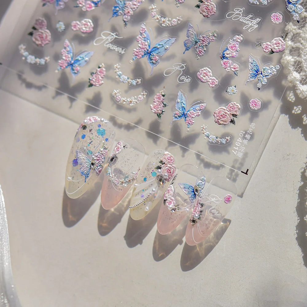Oil Painting Style Rose Flowers Butterfly Wreath Floral Garland 5D Soft Relief Adhesive Nail Art Sticker Cute 3D Manicure Decals (ONLINE ORDER ONLY)
