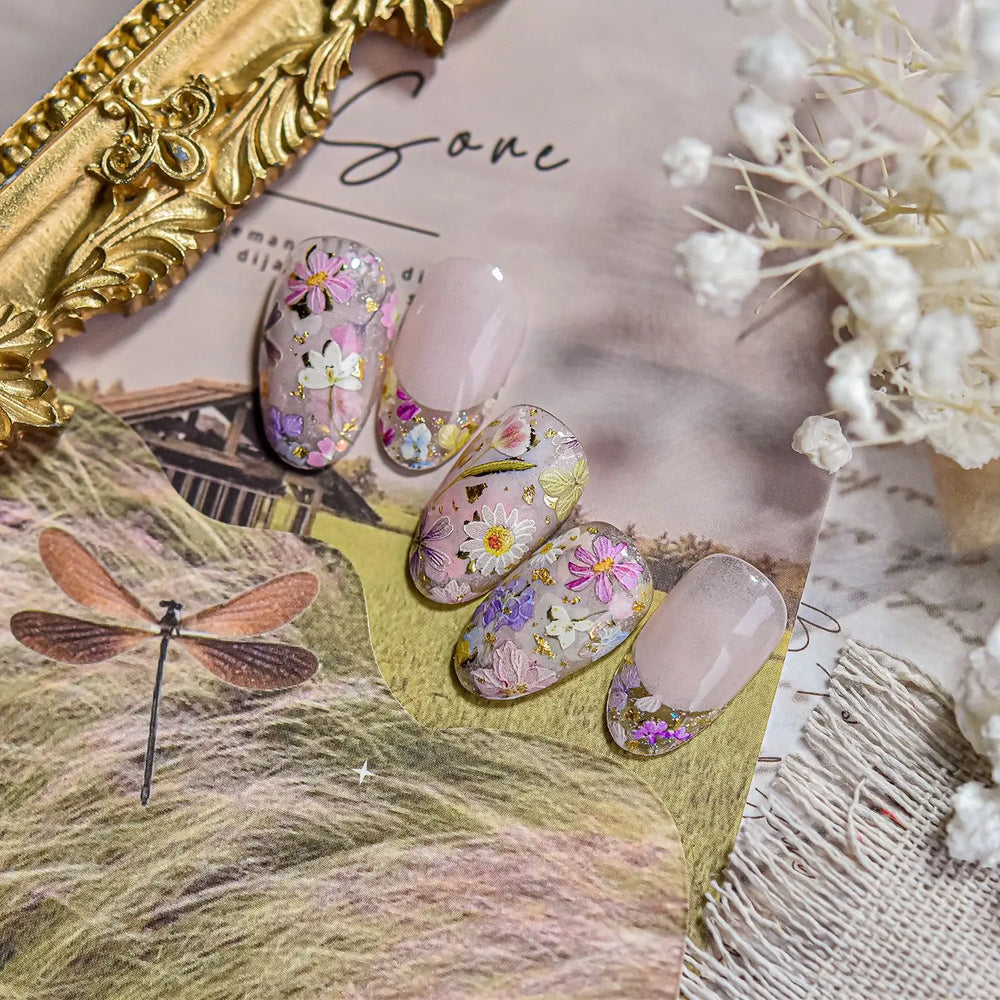Gold Foil Dried Flowers Leaf Floral Print Daisy Rose Flower Peach Blossom Adhesive Nail Art Decoration Sticker Manicure Decals (ONLINE ORDER ONLY)