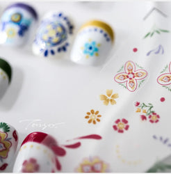 Pink Blue Yellow Embroidery Totems Geometric Floral Pattern Flower 5D Embossed Nail Art Stickers Bohemian Style Manicure Decals (ONLINE ORDER ONLY)