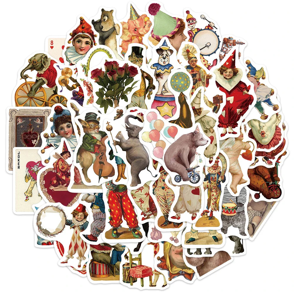 50PCS Vintage Circus Stickers Acrobatics Clown Retro Art Funny Aesthetic Graffiti Decals Scrapbook Laptop Bottle Sticker Gift (ONLINE ORDER ONLY)
