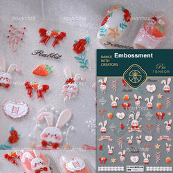Cute Rabbit Fan Peach Blossom Teacup Lollipop Strawberry Star Cherry Hat Soft Embossed Adhesive Nail Art Stickers Manicure Decal (ONLINE ORDER ONLY)