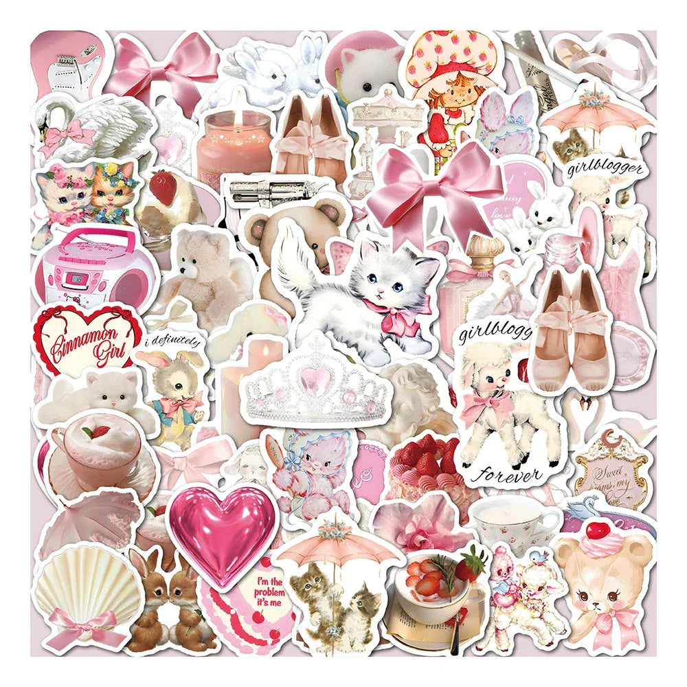10/30/60pcs INS Style Cute Pink Coquette Stickers Aesthetic Decals Decoration Phone Luggage Water Bottle Kawaii Graffiti Sticker (Online Order Only)