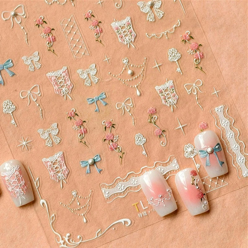 Retro Lace Corset Laced Bodice Wrap Top British Classical Dress Bowknot Rose Star Key Adhesive Nail Art Sticker Manicure Decals (ONLINE ORDER ONLY)