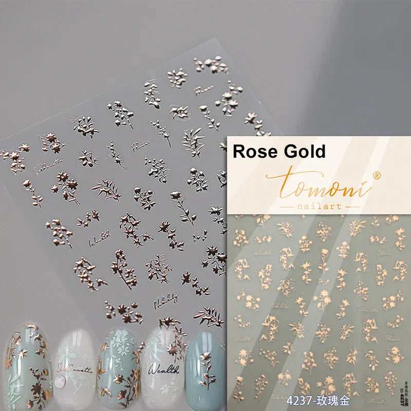 Dried Flowers Rose Butterfly Love Heart Golden Stroke Flying Crane Silver Adhesive Nail Art Stickers Rhinestone Manicure Decals (ONLINE ORDER ONLY)