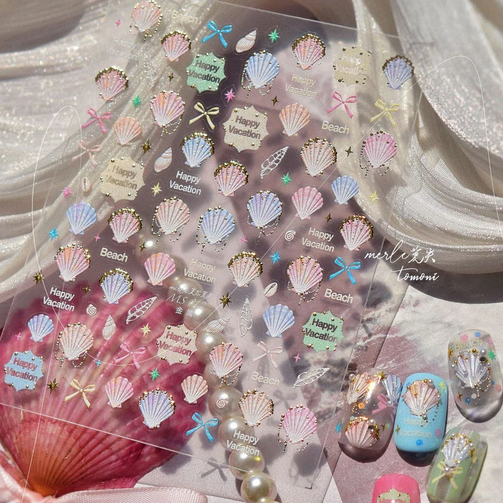 Hot Stamping Laser Shell Conch Starfish Pearl Whale Coral Dolphin Summer Beach Sea Wave Jellyfish Bubble Nail Art Stickers Decal (ONLINE ORDER ONLY)