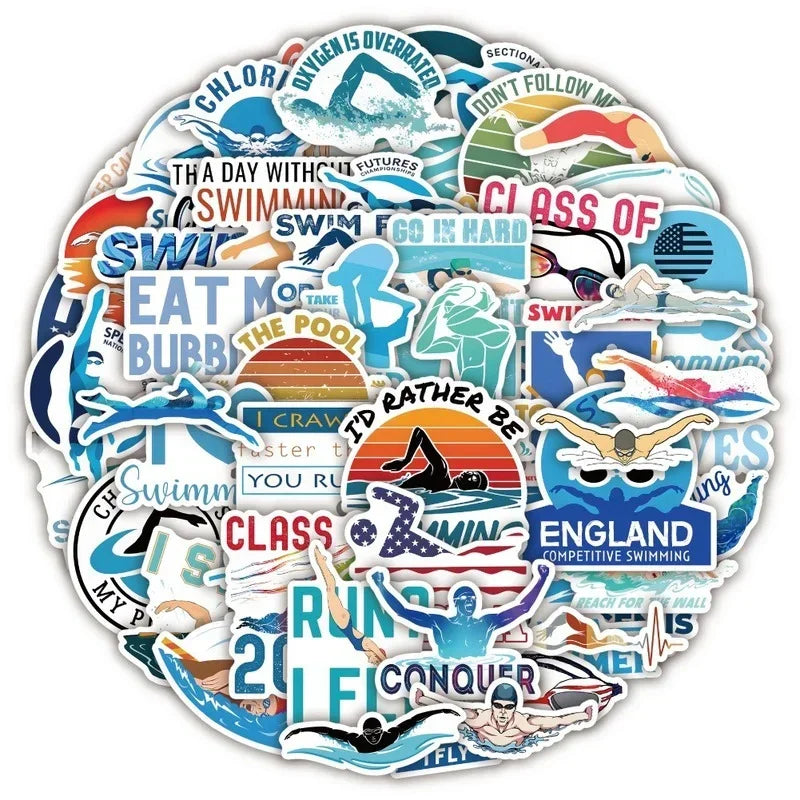 Swimming Stickers 10/25/50pcs Aesthetic Sports Decals for Laptop Luggage Skateboard Helmet Phone Guitar (Online Order Only)
