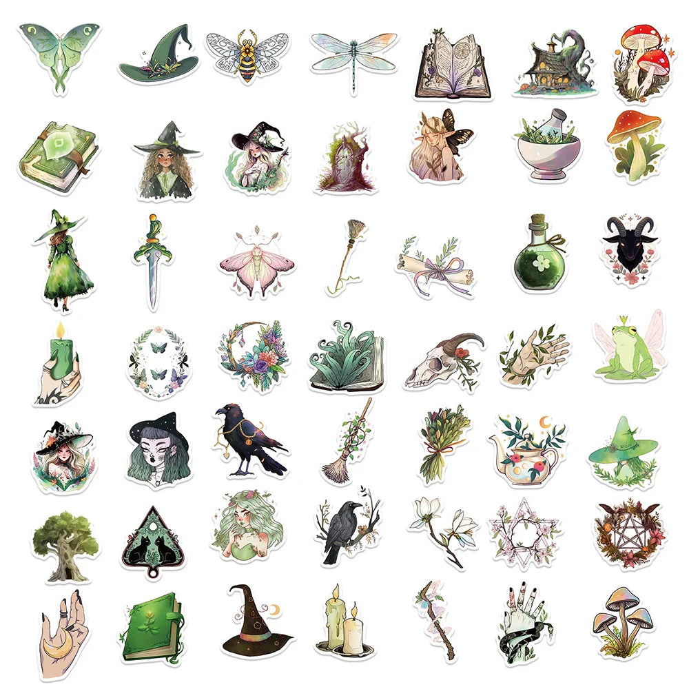 10/30/50/100pcs Cute Art Gothic Pink Green Magic Witch Aesthetic Stickers Cartoon Decal Laptop Phone Suitcase Decoration Sticker (ONLINE ORDER ONLY)
