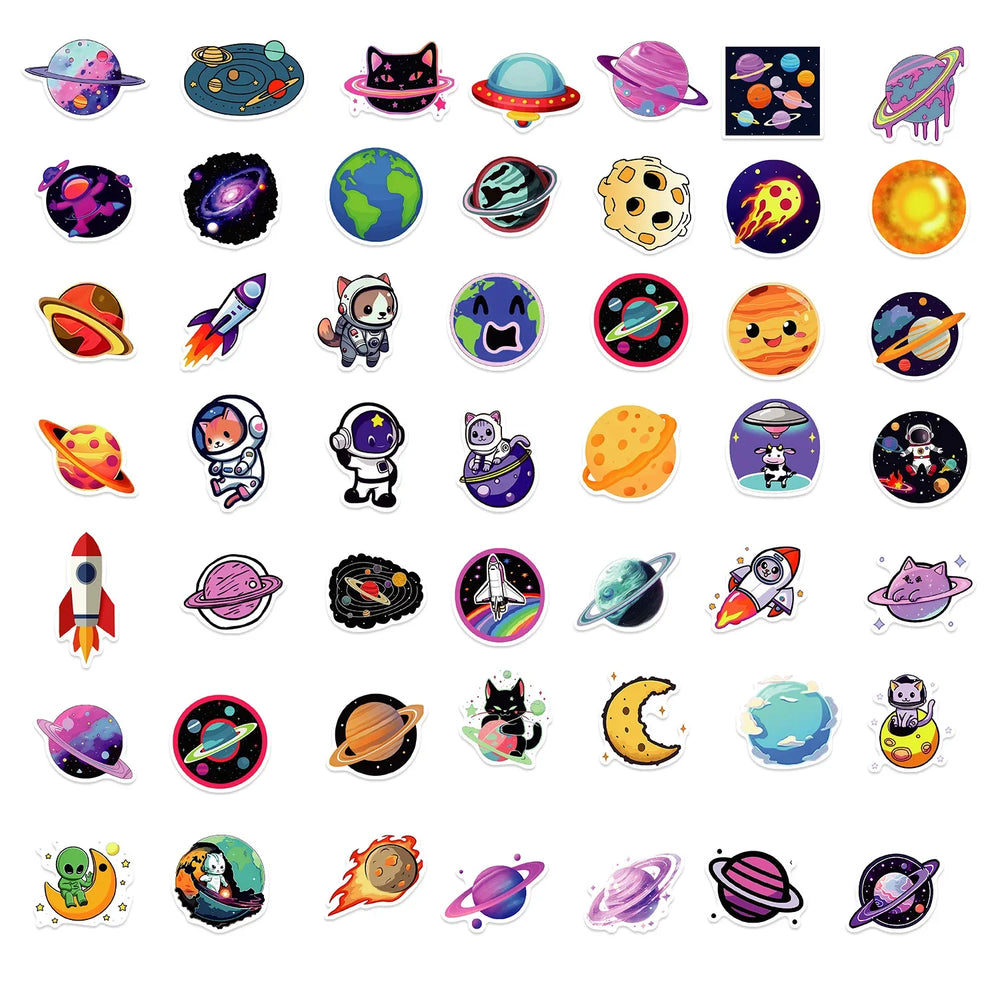 10/30/50PCS Kawaii Planet Cartoon Stickers Rocket Universe Adventure Stickers Cute Animal Decals DIY Laptop Skateboard Kids Toy (ONLINE ORDER ONLY)