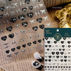 Black Silver Bowknot Love Heart Lace Irregular Line Lava Chic Self Adhesive Nail Art Stickers Embossed Reliefs Manicure Decals (Online Order Only)