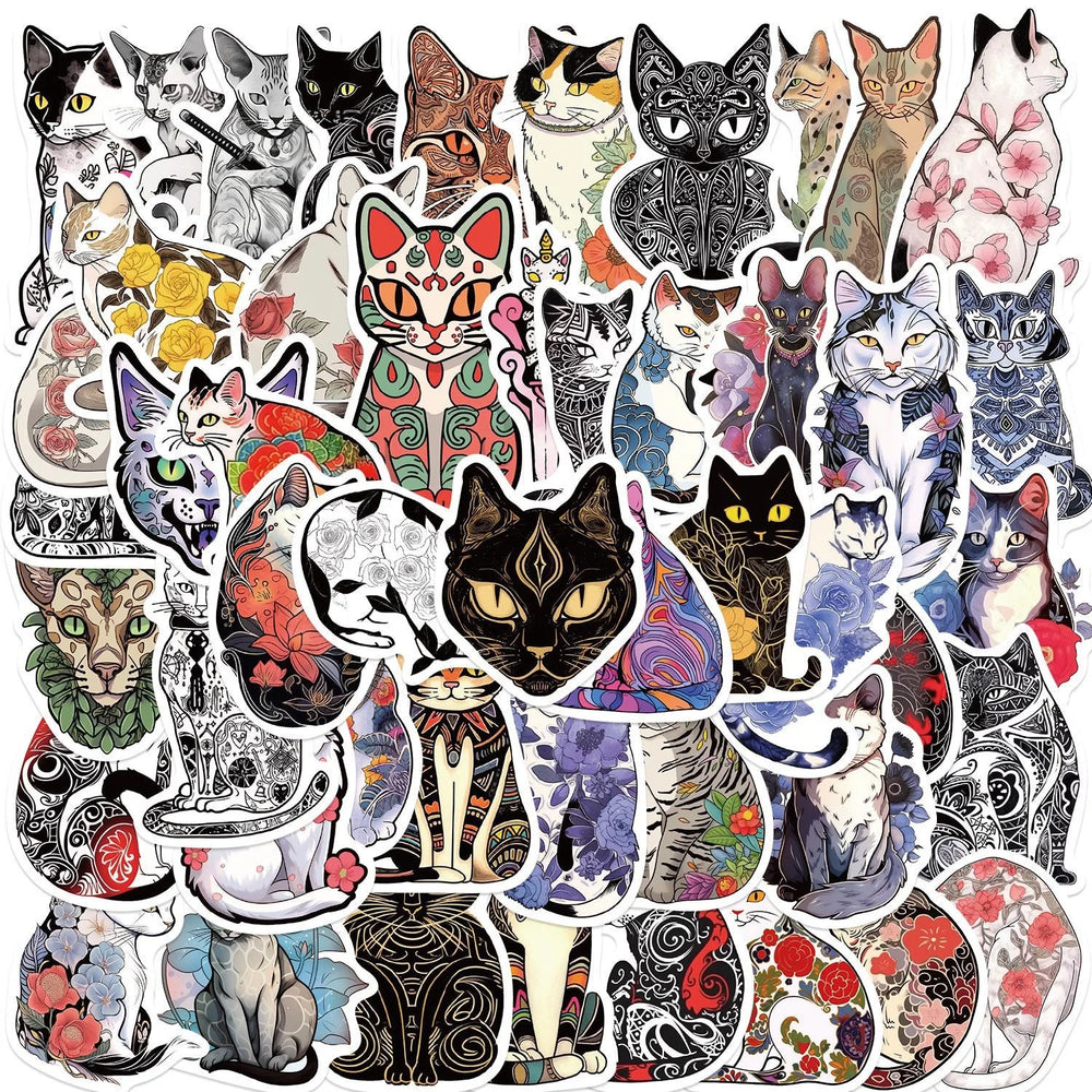 10/50pcs Cool Gothic Tattoo Cat Art Stickers Aesthetic Vintage Decals DIY Skateboard Guitar Suitcase Freezer Motorcycle Sticker (Online Order Only)