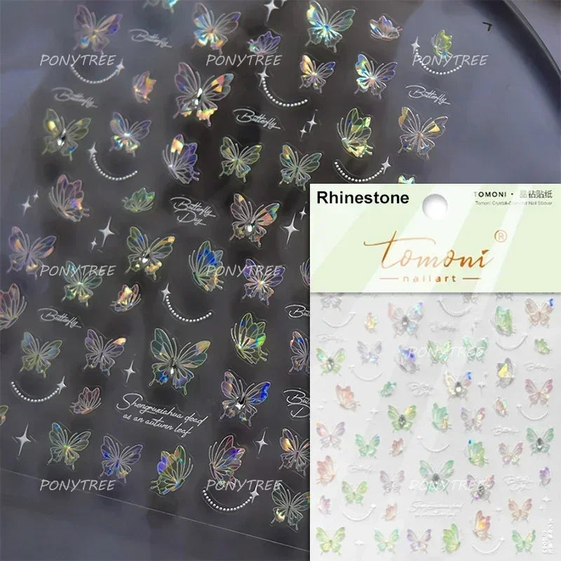 Charming Delicate Sapphire Color Blue Black Stroke Butterfly Jelly Relief Rhinestone Adhesive Nail Art Stickers Manicure Decals (Online Order Only)