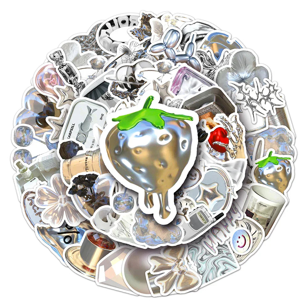 Silver Aesthetic Stickers: Waterproof Decals for Phone, Skateboard, Laptop, Fridge, Car (10/30/50pcs) (ONLINE ORDER ONLY)